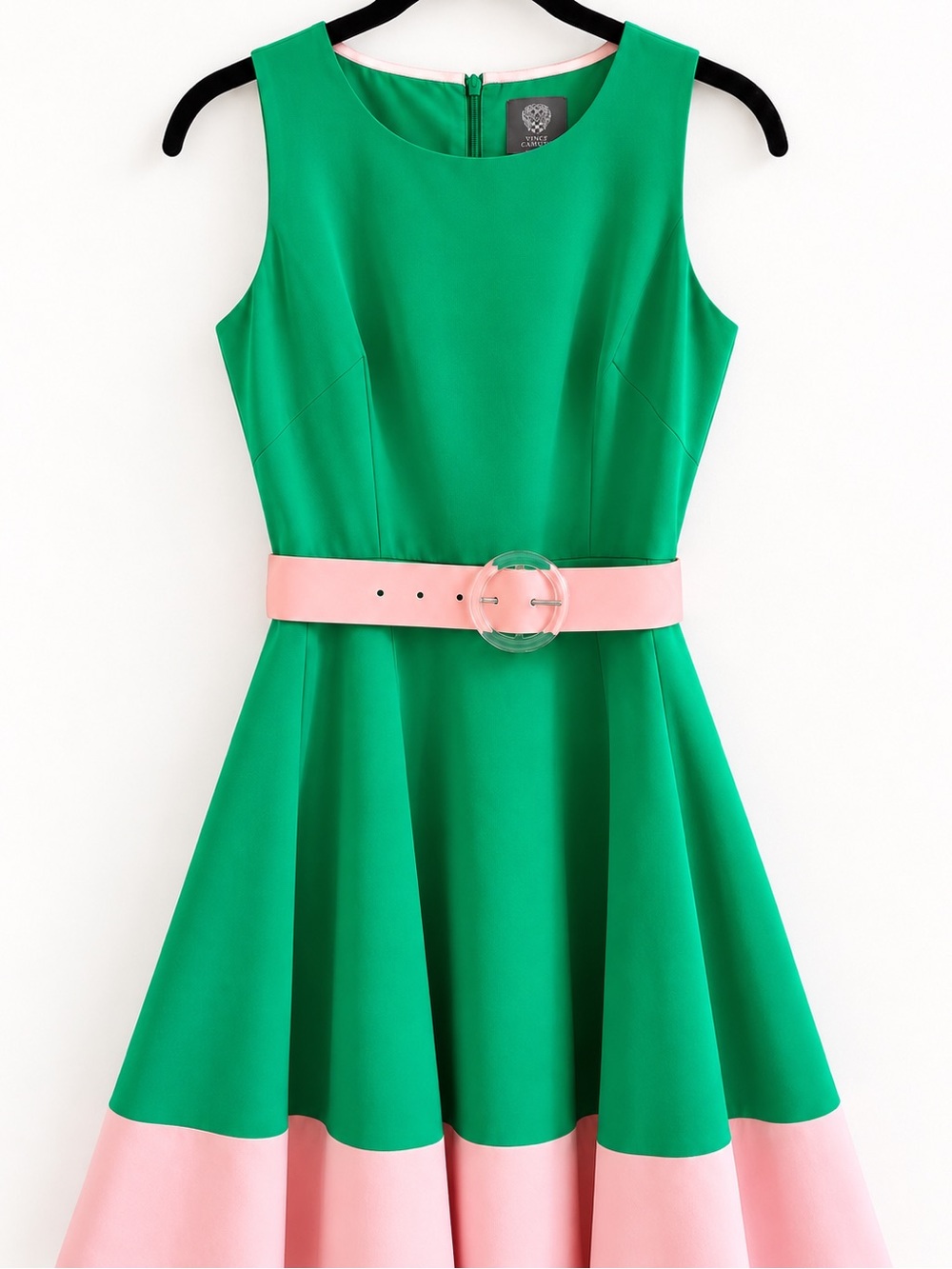 Vince Camuto Green and Pink Sleeveless Fit-and-Flare Dress with Pink Belt